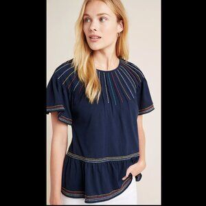Anthropologie Maeve Top Navy Blue Cotton Short Sleeve Rainbow Embroidery  SZ XL